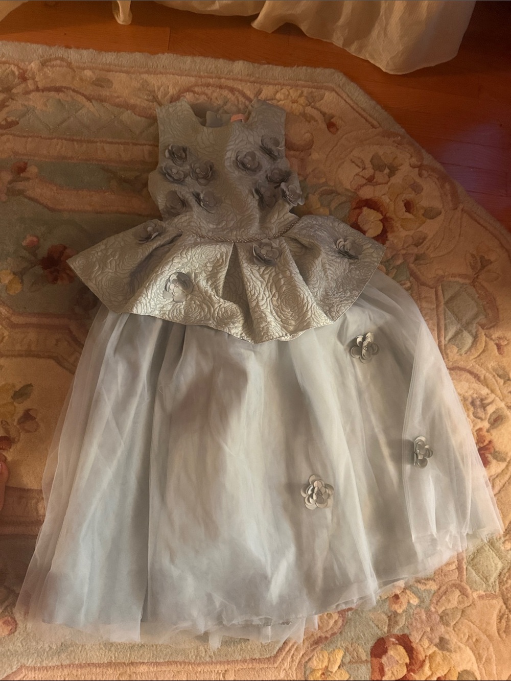 Silver Gray Floral Peplum Tulle Dress for Girls